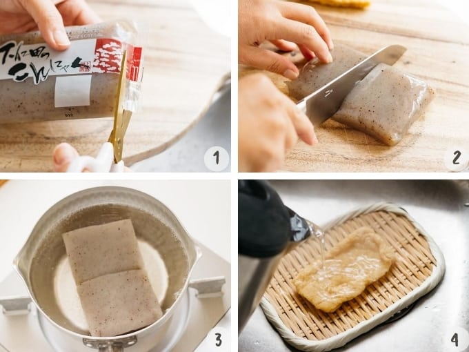 4 photo collage showing preparing konjac and age deep fried tofu