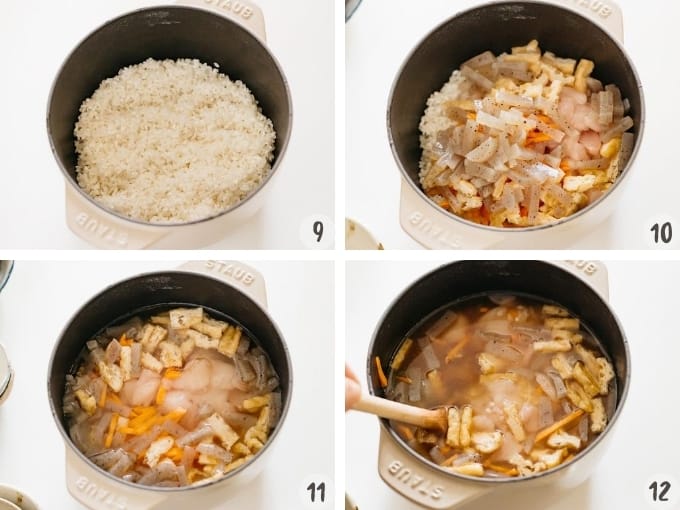 4 photo collage process shot showing placing all ingredients into a cast iron rice cooker