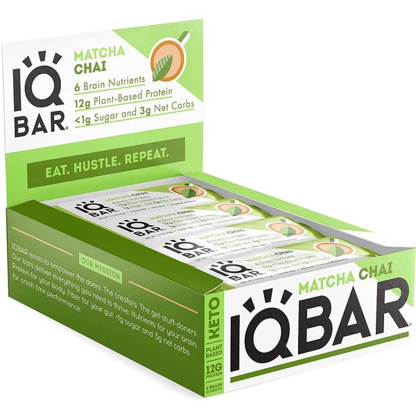 IQBAR Brain and Body Keto Protein Bars - Matcha Chai Keto Bars - 12-Count Energy Bars - Low Carb Protein Bars - High Fiber Vegan Bars and Low Sugar Meal Replacement Bars - Vegan Snacks