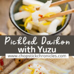 2 pickled daikon images collaged for pinterest pin with text overlay